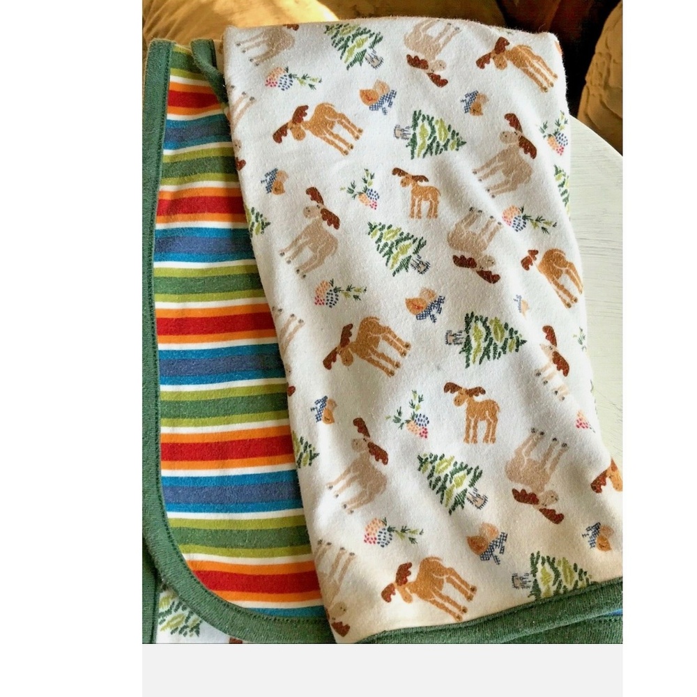 Vintage 98' Gymboree Reversible Baby Blanket Woodland Forest Moose Stripes Throw
